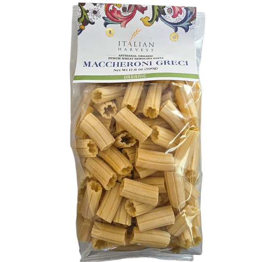 NOW UNDER "ITALIAN HARVEST" BRAND *NEW PACKAGING & UPC* Maccheroni Greci, Organic, 1.1 lb, 12/CS