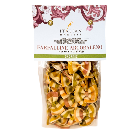 NOW UNDER "ITALIAN HARVEST" BRAND Farfalline Arcobaleno Little Rainbow Bowties by Marella: Organic, 8.8 oz, 18/CS