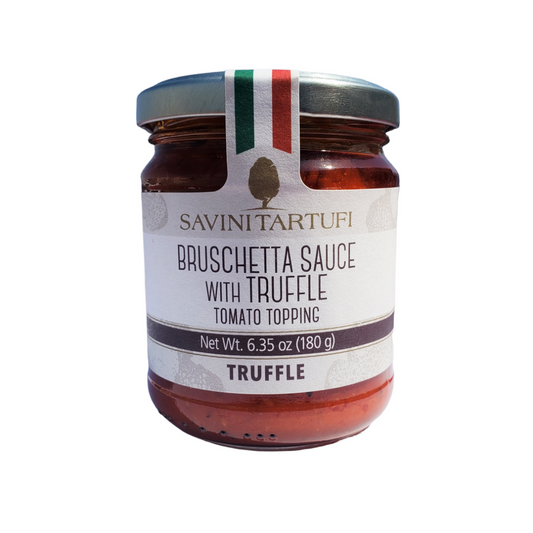 *SPECIAL* (BEST BY 05/03/26) "Bruschetta con Tartufo" Bruschetta Sauce with Truffle Tomato Topping by Savini Tartufi: 6.35 oz, 6/CS