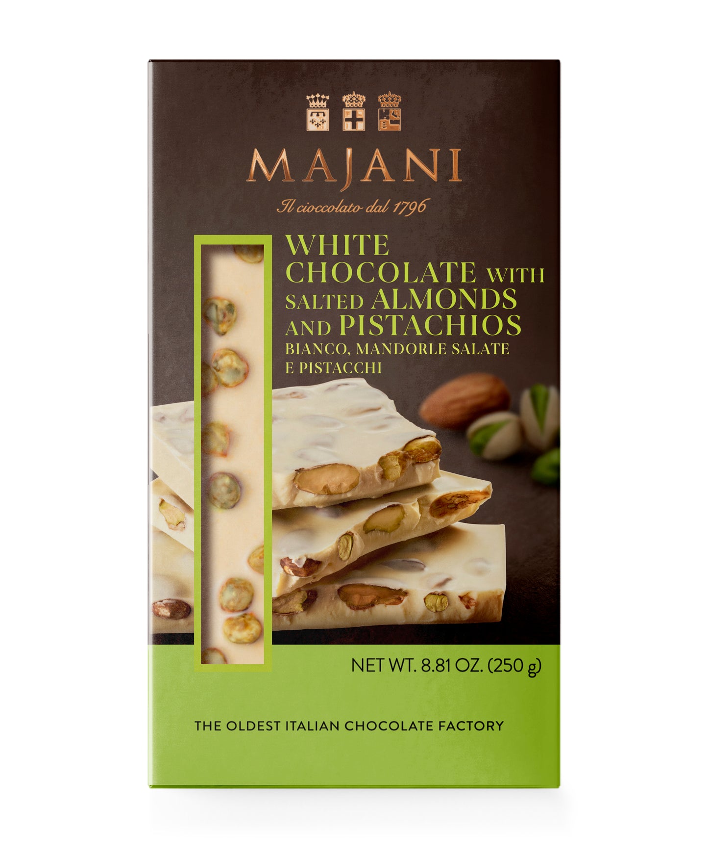 "Snap" White Chocolate Bar with Almonds & Pistachios by Majani, 8.8 oz (250 g), 12/CS *3128/19*