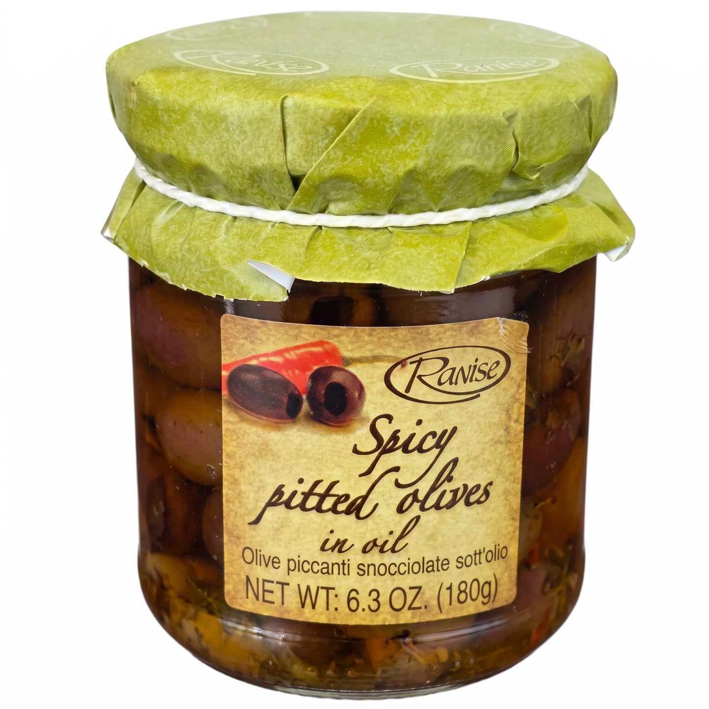 *NEW* Spicy Pitted Olives in Extra Virgin Olive Oil by Ranise, 6.3 oz, 12/CS