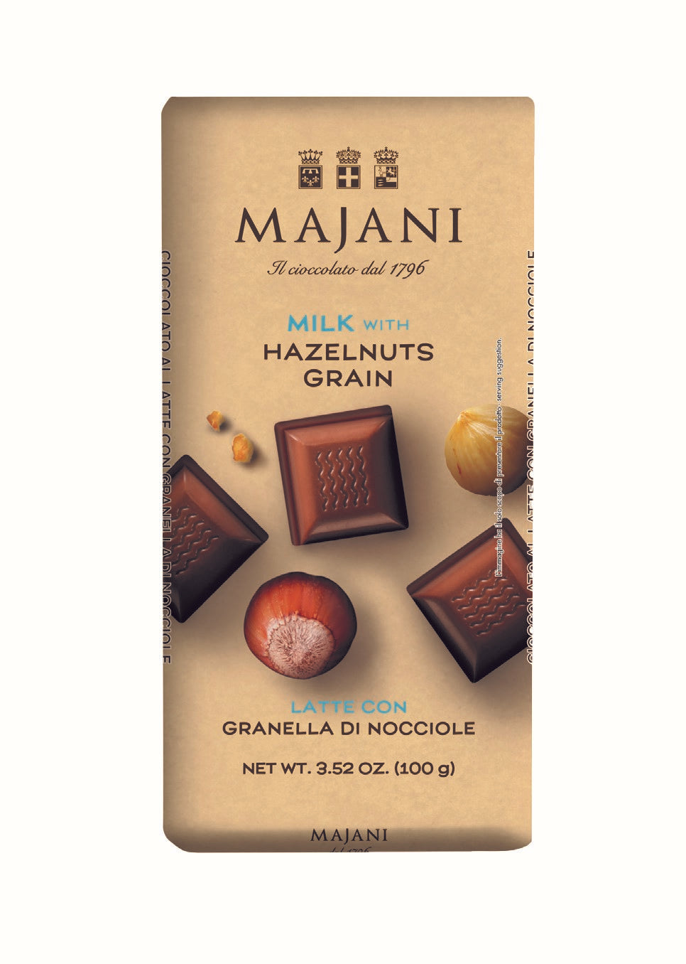 **OUT OF STOCK** Milk Chocolate Bar with Hazelnut Grains by Majani, 3.5 oz (100 g), 16/CS *2411* *ETA APRIL 28*