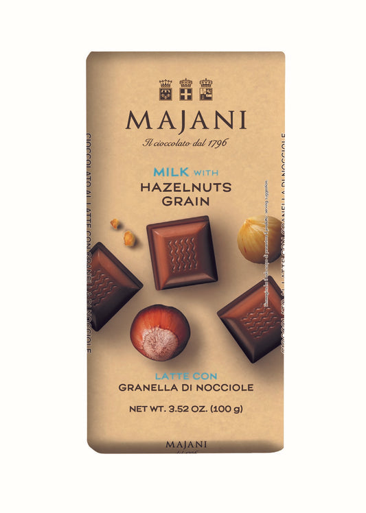 NEW! Milk Chocolate Bar with Hazelnut Grains by Majani, 3.5 oz (100 g), 16/CS *2411*