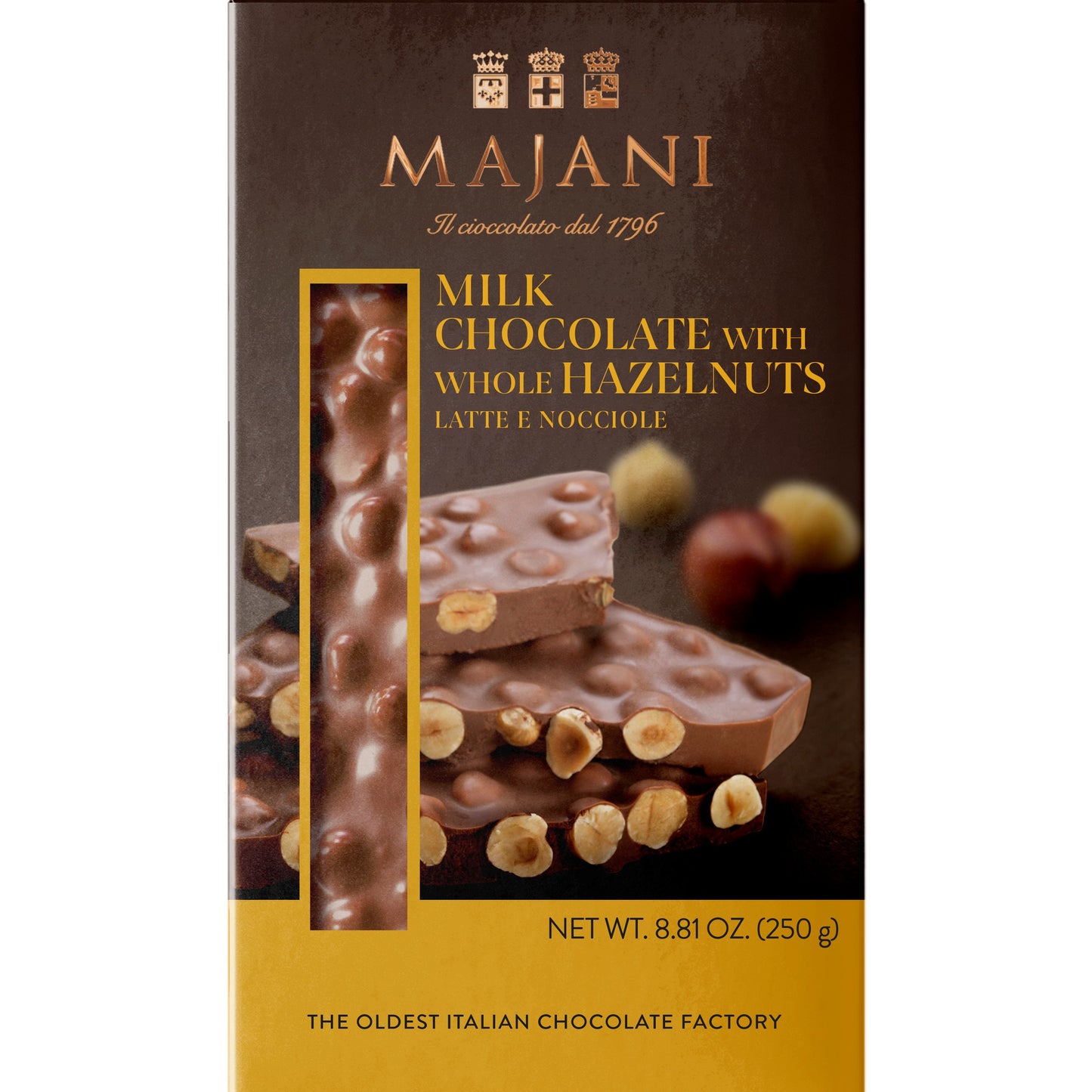 ** 1 CS LEFT** "Snap" Milk Chocolate Bar with Whole Hazelnuts by Majani, 8.8 oz (250 g), 12/CS *3142/2011*
