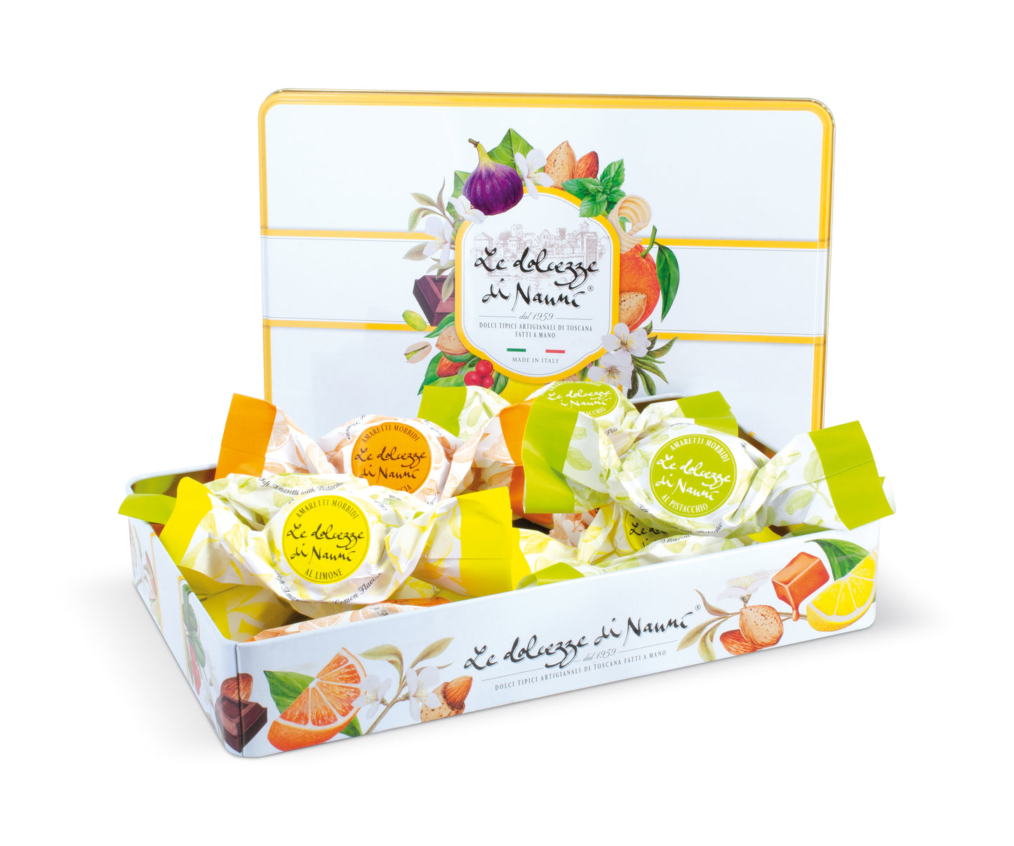 *WHOLESALE PRE-ORDER ONLY* Soft Amaretti Assortment Tin: Lemon, Orange & Pistachio by Nanni: Tuscany, 8.47 oz, 3/CS *352* (REPLACES 70342/*349*)