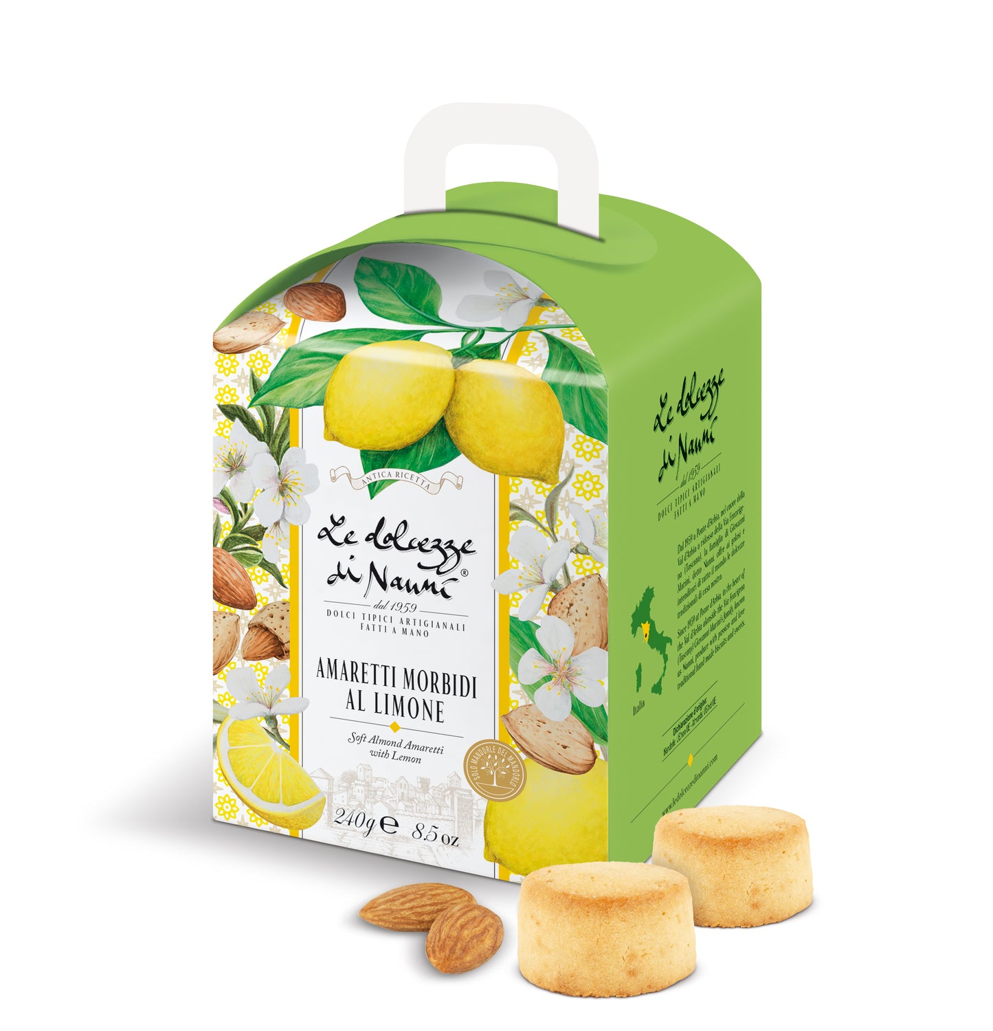 WHOLESALE PRE-ORDER ONLY Amaretti Morbidi (Chewy) Lemon Soft Biscotti, Gift Box by Nanni: Tuscany, 8.5 oz (240 g), 6/CS