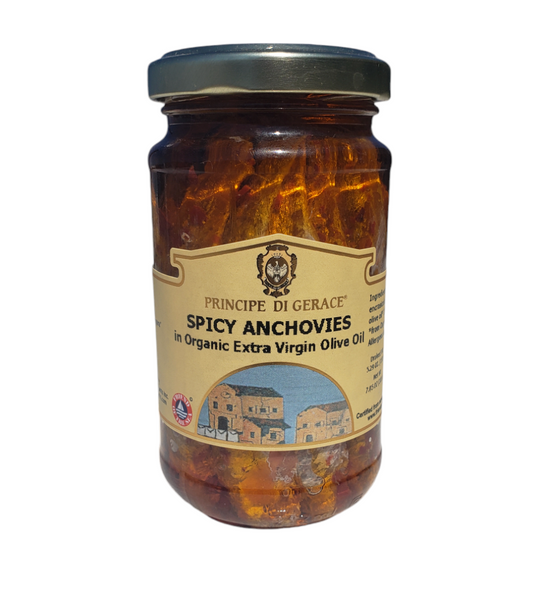 Spicy Mediterranean Anchovies (whole) in Organic Extra Virgin Olive Oil by Principe di Gerace, 7.05 oz, 6/CS