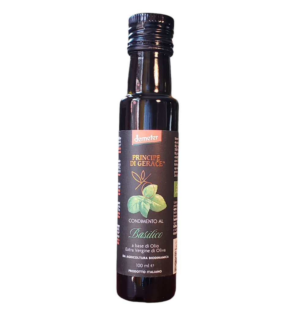 *SPECIAL* (2023/2024 CROP) Infused Extra Virgin Olive Oil with Basil, Organic, Biodynamic, Demeter by Principe di Gerace, 3.5 fl oz, (9/CS)