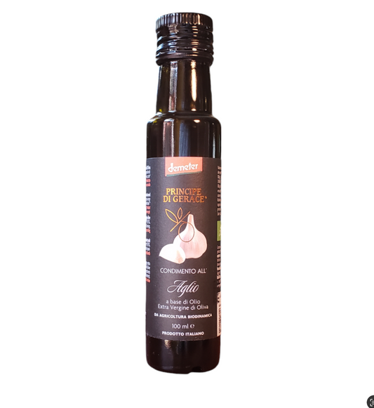 *SPECIAL* (2023/2024 CROP) Infused Extra Virgin Olive Oil with Garlic, Organic, Biodynamic, Demeter by Principe di Gerace, 3.5 fl oz, (9/CS)