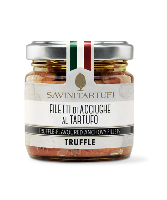 *SPECIAL* (BEST BY 09/30/24) "Filetti di Acciughe al Tartufo" Truffle flavoured Anchovies Fillets by Savini Tartufi,  3.35 oz, 6/CS