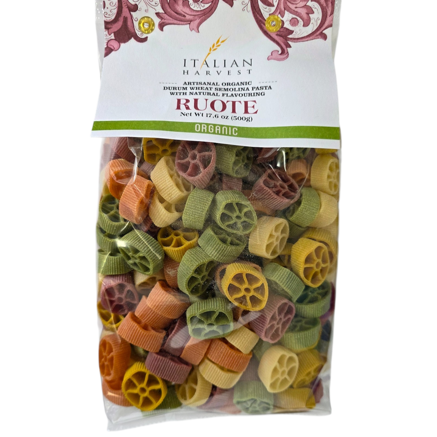 NOW UNDER "ITALIAN HARVEST" BRAND *NEW PACKAGING & UPC* Ruote Mix (Wagon Wheels)  by Marella: Organic, 1.1 lb, 12/CS