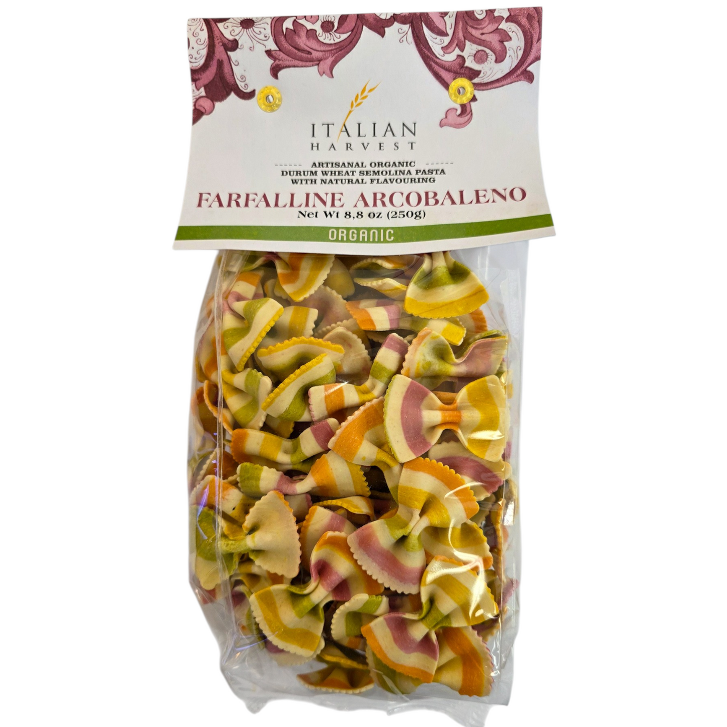 NOW UNDER "ITALIAN HARVEST" BRAND Farfalline Arcobaleno Little Rainbow Bowties by Marella: Organic, 8.8 oz, 18/CS