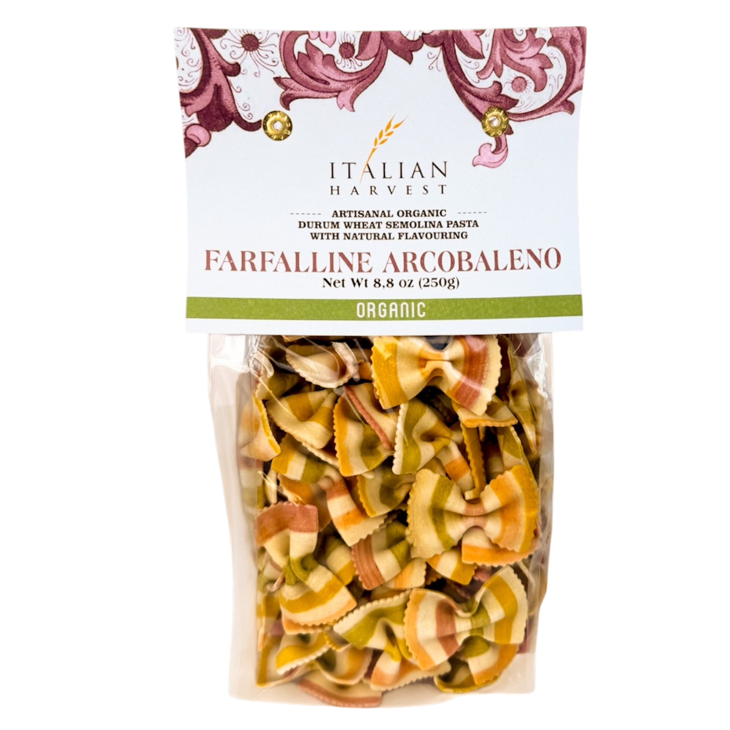 **OUT OF STOCK** NOW UNDER "ITALIAN HARVEST" BRAND Farfalline Arcobaleno Little Rainbow Bowties by Marella: Organic, 8.8 oz, 18/CS *ETA JULY 1ST*