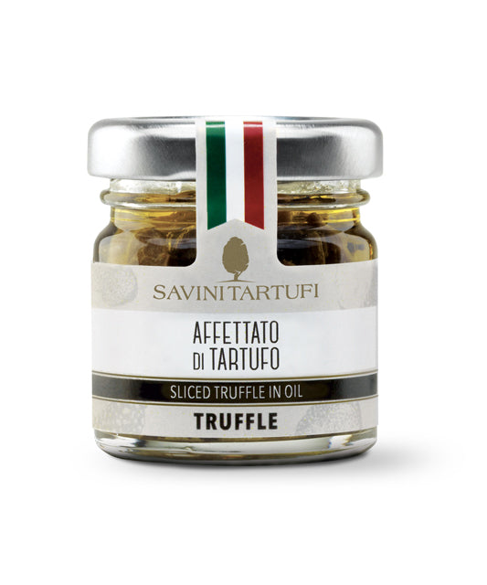 SUPER SPECIAL (BEST BY 04/26/24) "Affettato di Tartufo" Sliced Truffle in Oil by Savini Tartufi:  3.2 oz, 1/CS