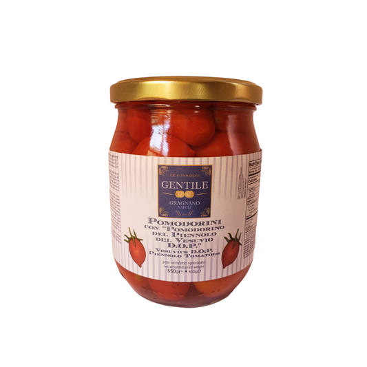 NEW LABEL! "Piennolo" Vesuvius Whole Red Tomatoes: D.O.P. by Gentile, 19.4 oz, 12/CS (max 2 units for Retail Clients)