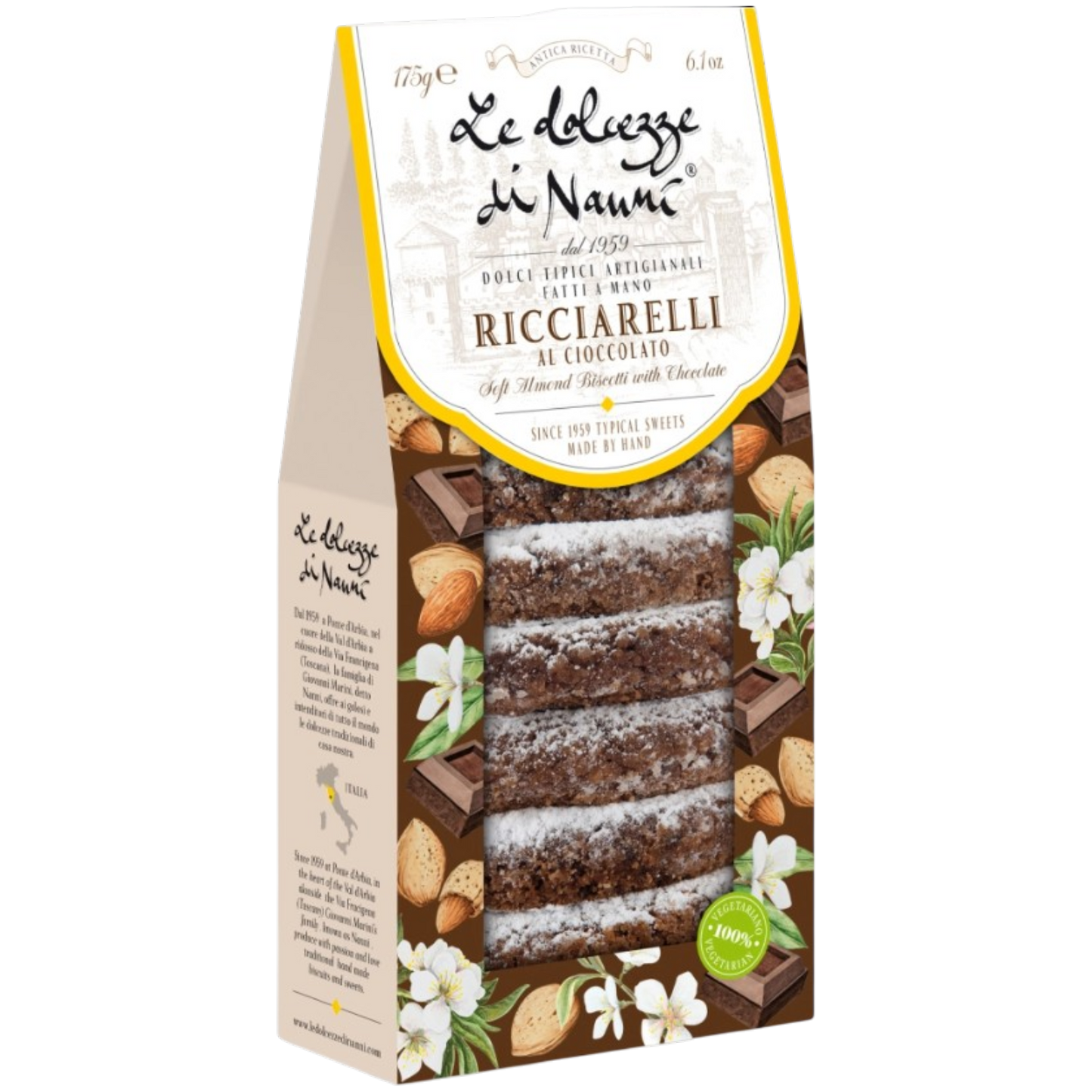 *WHOLESALE PRE-ORDER ONLY* 'Ricciarelli al Cioccolato' Soft Almond Cookies with Chocolate by Nanni: Tuscany, 6.17 OZ, 12/CS *427*