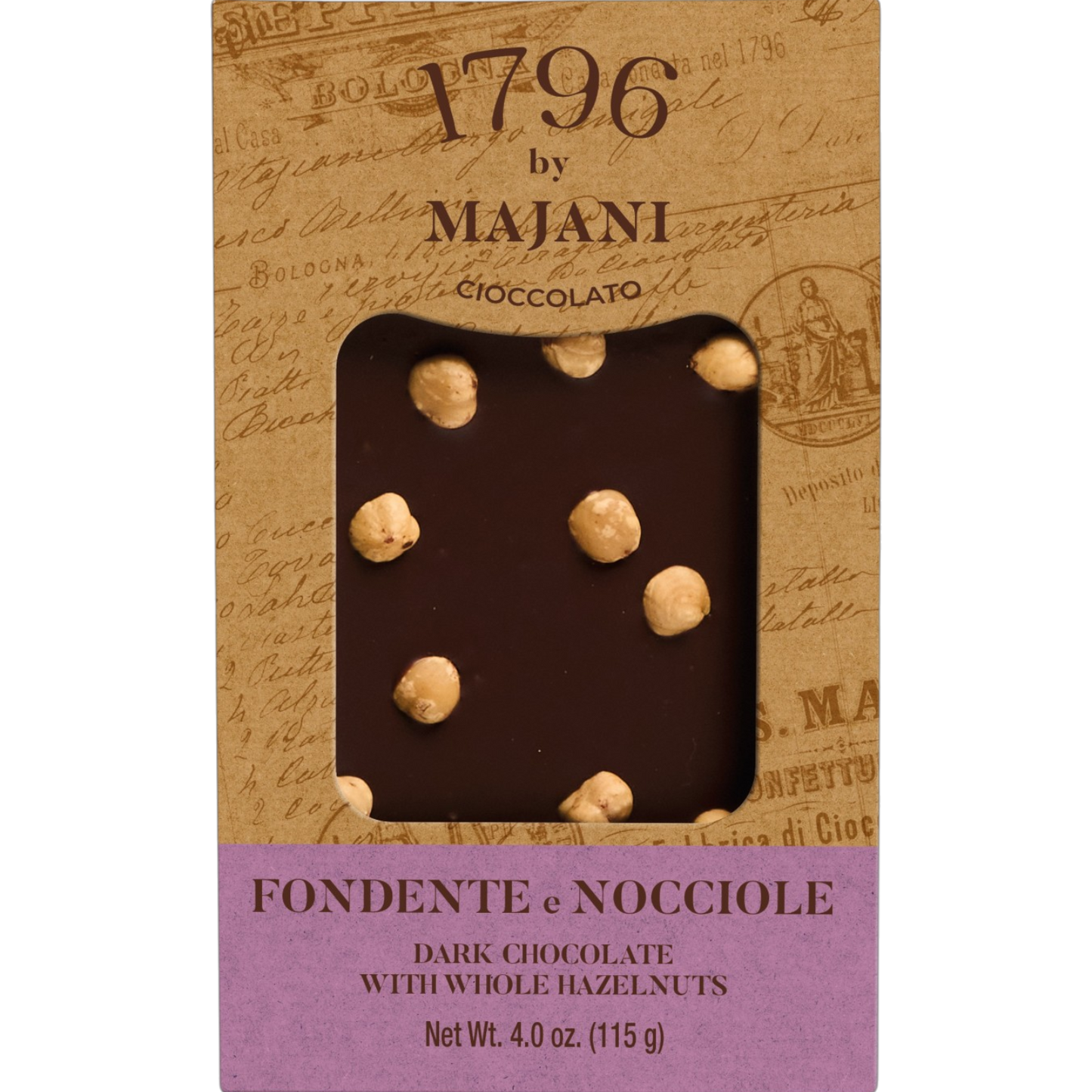 *WHOLESALE PRE-ORDER ONLY* "Le Golose" 1796 Dark Chocolate Bar with Whole Hazelnuts by Majani, 4.05 OZ, 12/CS *3172*