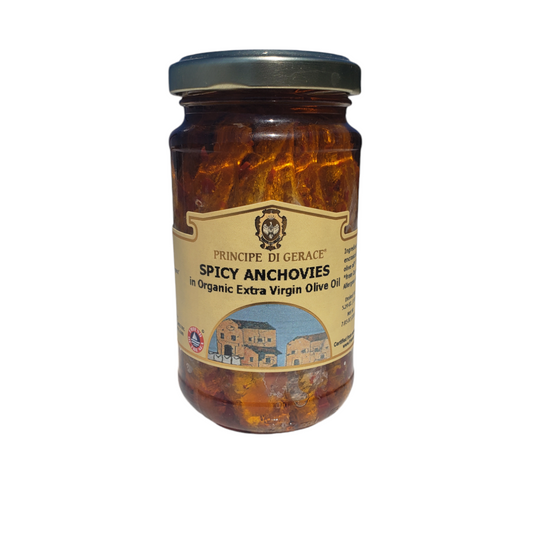 NEW! Spicy Mediterranean Anchovies (whole) in Organic Extra Virgin Olive Oil by Principe di Gerace, 7.1 oz, 6/CS