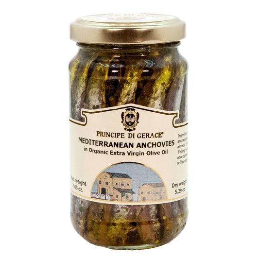 Mediterranean Anchovies (whole) in Organic Extra Virgin Olive Oil by Principe di Gerace, 7.05 oz, 6/CS
